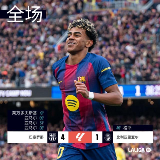 体育注册-【西甲】亚马尔生涯首帽！巴萨4比1黄潜领先皇马4分